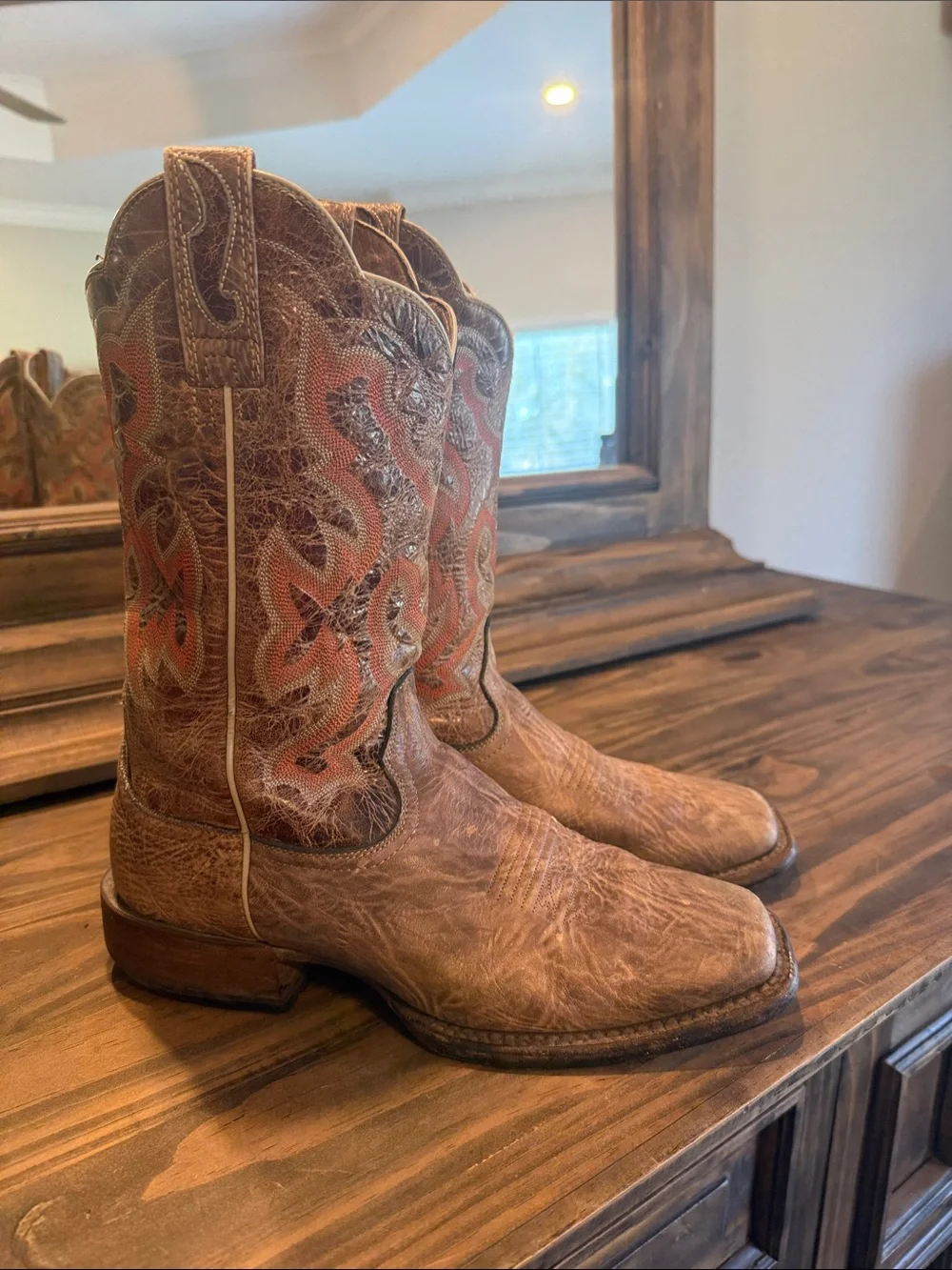 Ariat Brown Leather Western Boots with Orange Accents